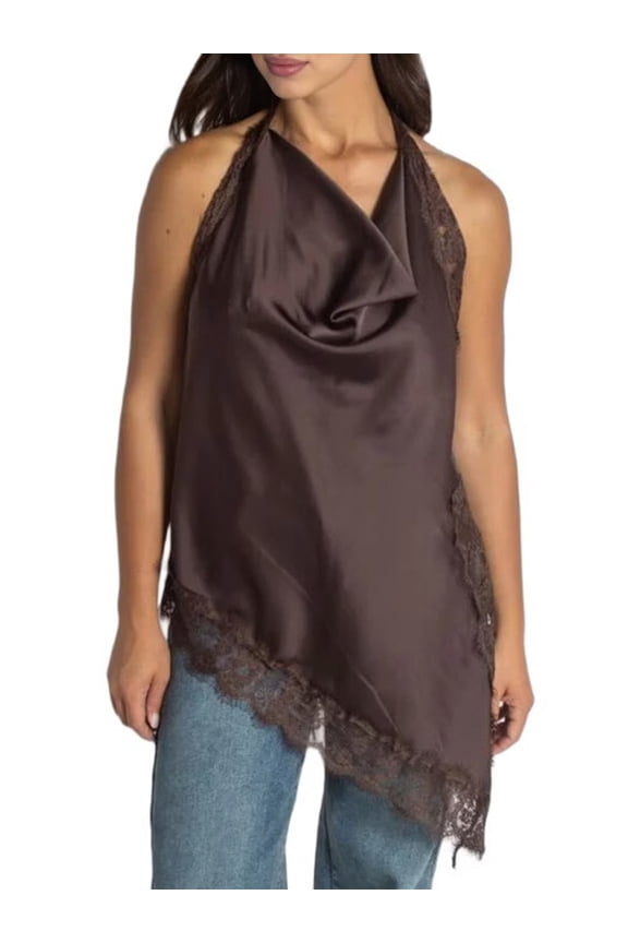 Women'S Satin Halter Neck Top Elegant Lace Trim Asymmetric Hem Sleeveless Going Out Tank Top Streetwear Dark Brown M
