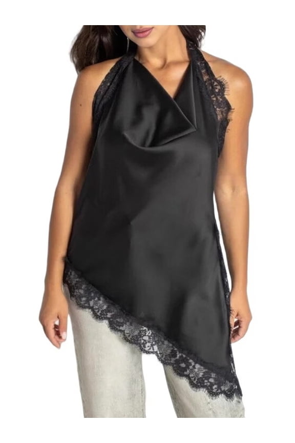 Women'S Satin Halter Neck Top Elegant Lace Trim Asymmetric Hem Sleeveless Going Out Tank Top Streetwear