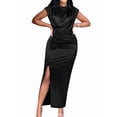 thumbnail image 1 of Women'S Satin High Slit Maxi Dress - Elegant Mock Neck Cap Sleeve Formal Attire Black L, 1 of 8