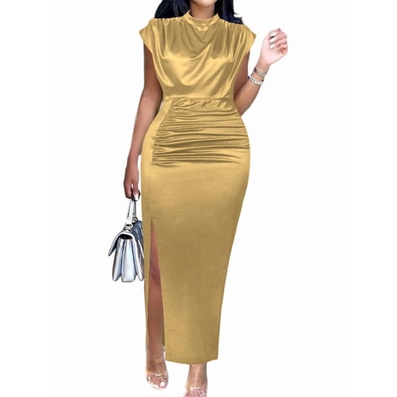 Women'S Satin High Slit Maxi Dress - Elegant Mock Neck Cap Sleeve Formal Attire Gold L