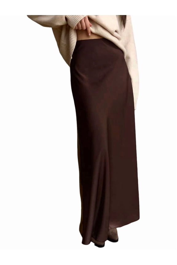 Women'S Satin High Waisted Maxi Skirts Hidden Zip A Line Long Skirt Coffee Color L