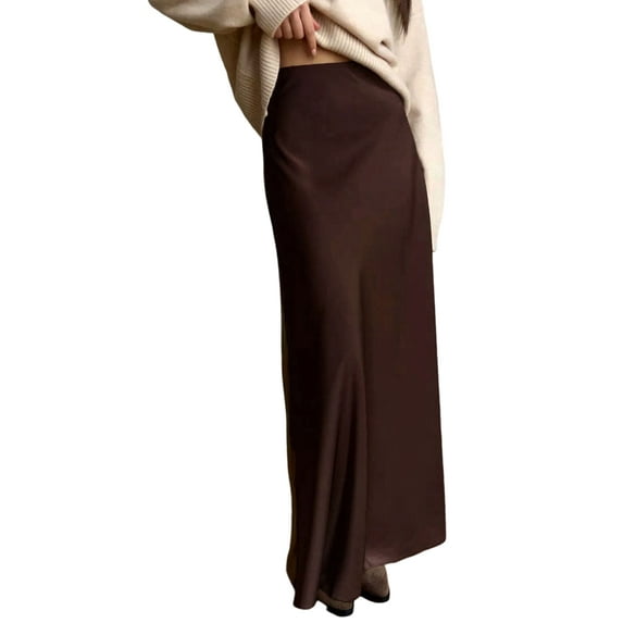 Women'S Satin High Waisted Maxi Skirts Hidden Zip A Line Long Skirt Coffee Color S
