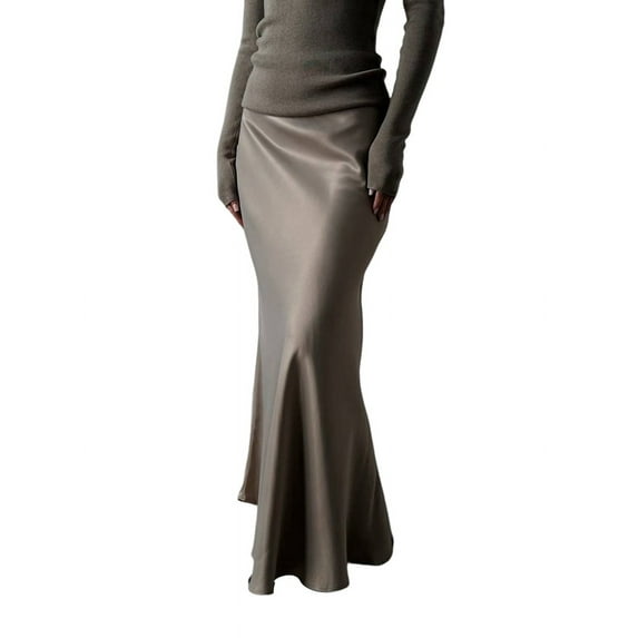 Women'S Satin High Waisted Maxi Skirts Hidden Zip A Line Long Skirt Khaki L