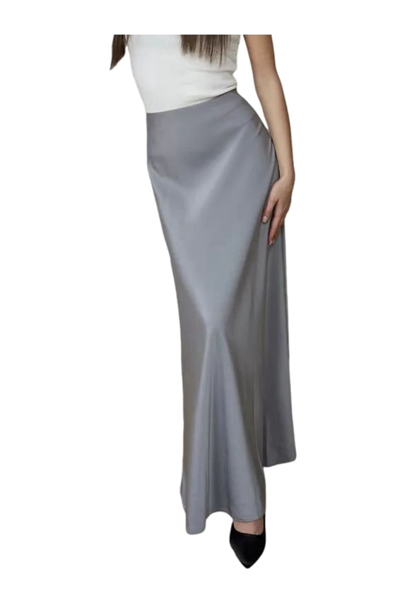 Women'S Satin High Waisted Maxi Skirts Hidden Zip A Line Long Skirt Light Gray L