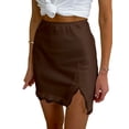 thumbnail image 1 of Women'S Satin Lace Trim High Waist Split Hem Bodycon Mini Short Skirt Brown M, 1 of 9