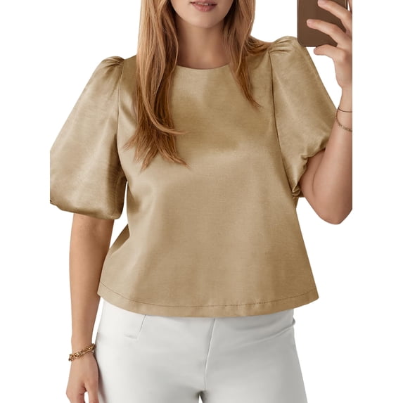 Women'S Satin Silk Blouses Puff Short Sleeve Dressy Casual Tops Loose Fit Crew Neck Cropped Shirts Color S