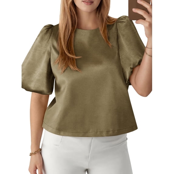 Women'S Satin Silk Blouses Puff Short Sleeve Dressy Casual Tops Loose Fit Crew Neck Cropped Shirts Green S