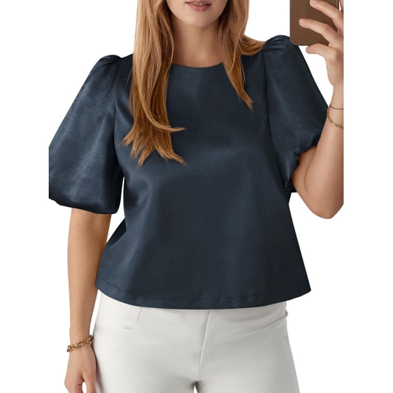 Women'S Satin Silk Blouses Puff Short Sleeve Dressy Casual Tops Loose Fit Crew Neck Cropped Shirts Navy Blue XL