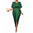 thumbnail image 1 of Women'S Satin Silky Long Sleeve V Neck Lace Up High Waist Side Split Maxi Dress Green L, 1 of 10