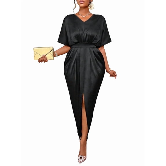Women'S Satin Silky Long Sleeve V Neck Lace Up High Waist Side Split Maxi Dress