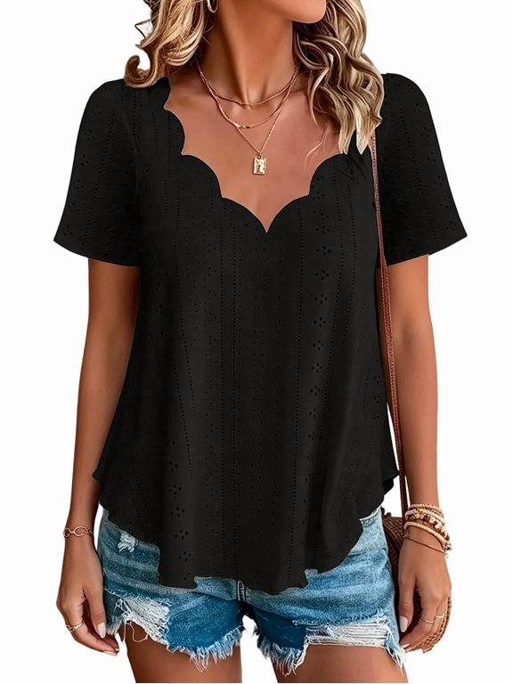 Women'S Scalloped Wave V Neck All-over Eyelet Embroidery Loose Short Sleeve Casual Blouse Black L