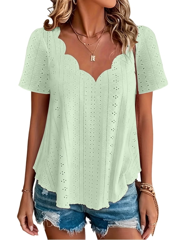 Women'S Scalloped Wave V Neck All-over Eyelet Embroidery Loose Short Sleeve Casual Blouse Light Green L