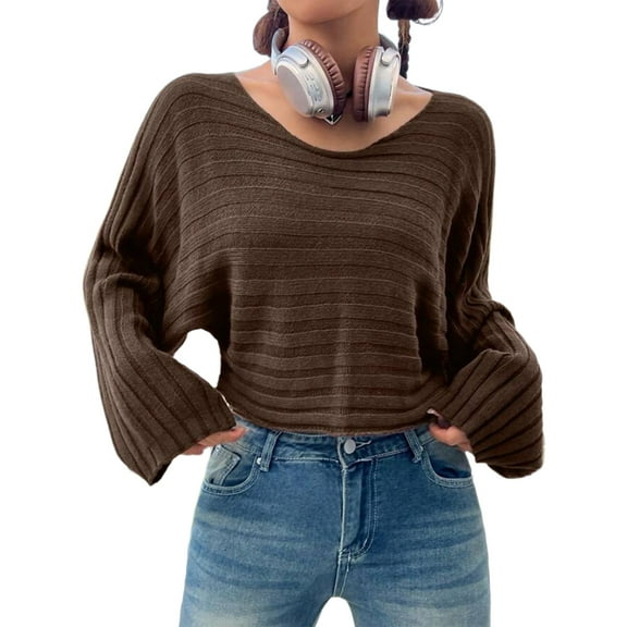 Women'S Scoop Neck Long Sleeve Sweater Slim Fit Ribbed Knit Solid Fashion Sweater Pullovers Brown L
