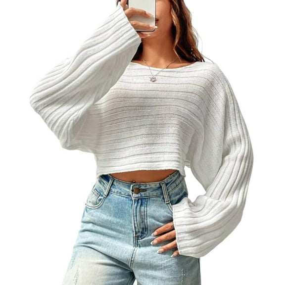 Women'S Scoop Neck Long Sleeve Sweater Slim Fit Ribbed Knit Solid Fashion Sweater Pullovers White L