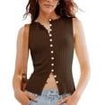 thumbnail image 1 of Women'S Scoop Neck Plain Button Front Ribbed Tank Top, Summer Sleeveless Knit Open Front Slim Fit Vest Coffee Color L, 1 of 7