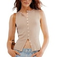 thumbnail image 1 of Women'S Scoop Neck Plain Button Front Ribbed Tank Top, Summer Sleeveless Knit Open Front Slim Fit Vest Khaki L, 1 of 5