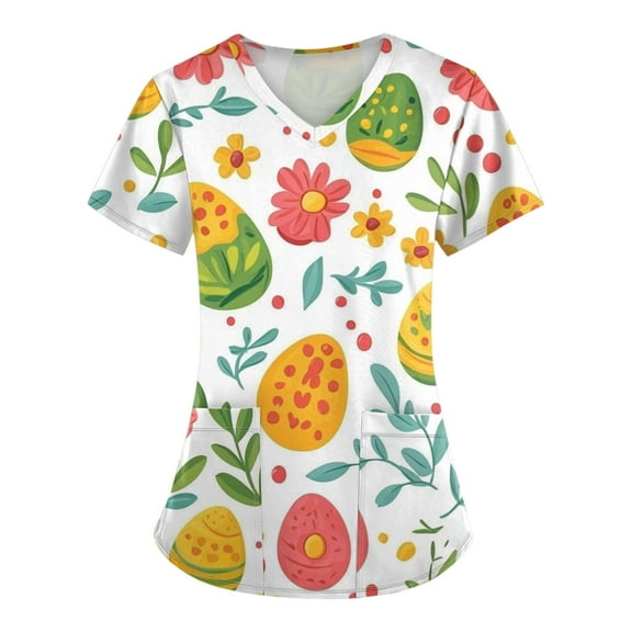 Women'S Scrub Tops,Scrub Tops Womens Cute Easter Printed Nurse Uniforms 2026 Short Sleeve Scrub V Neck Shirt with Pockets,Green,L