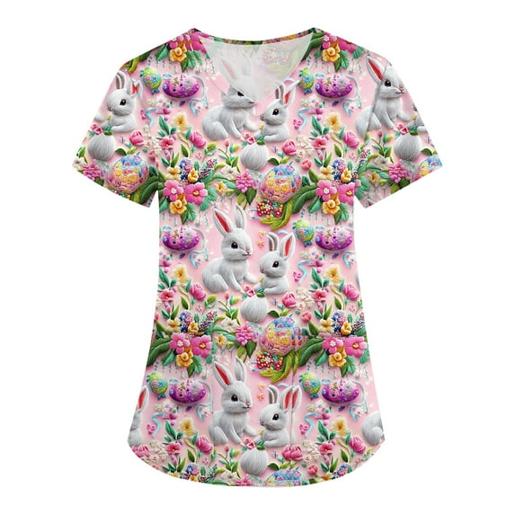 Women'S Scrub Tops,Womens Scrub Tops - Short Sleeve V-Neck Easter Printed Scrub Top Women Uniform Shirts with Side Pockets,Purple,XXXL