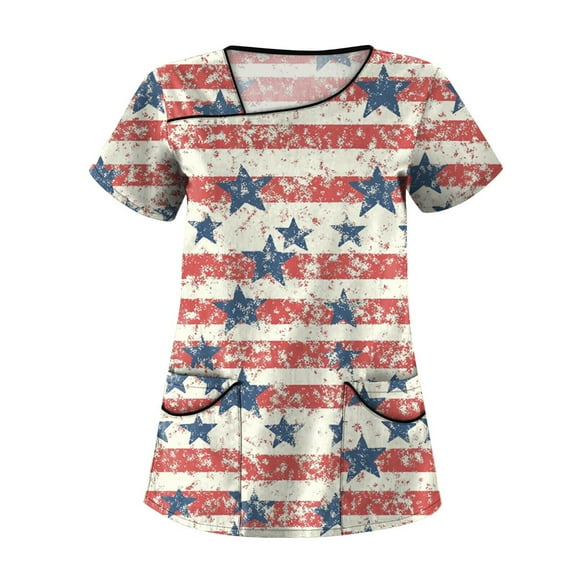 Women'S Scrubs, 4Th Of July Tops Women Plus Size Skew Collar Short Sleeve Workwear With Pockets Red White And Royal Blue American Flag Top Scrubs For Set Tops Tank Tops Tank (XL, Wine) ZMTing