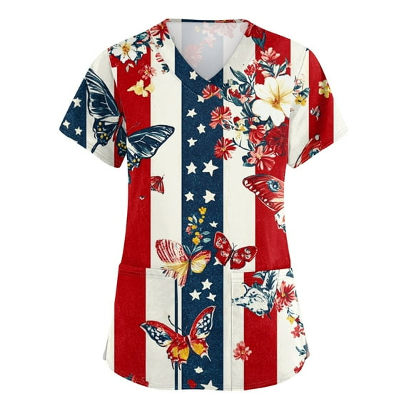Women'S Scrubs, 4Th Of July Tops Women Plus Size V Neck Short Sleeve Workwear With Pockets Red White And Royal Blue American Flag Top Scrubs Black Pants For Shirts Tank Tops (XXL, Red) ZMTing