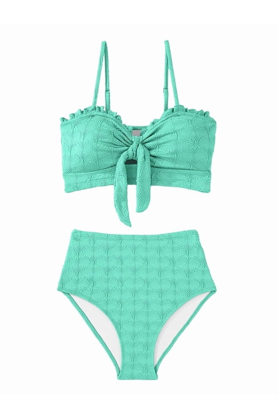 Women'S Seashell Textured Bikini Sets Knotted Front 2 Piece Swimsuits Ruffle Trim Bathing Suits Turquoise S