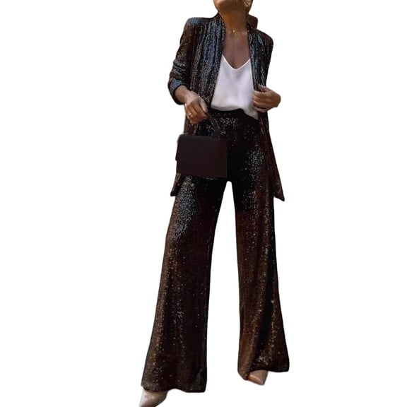 Women'S Sequin Blazer and High-Waist Trousers 2-Piece Set Casual Office Wear Party Suit Black Suit M
