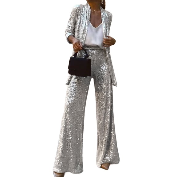 Women'S Sequin Blazer and High-Waist Trousers 2-Piece Set Casual Office Wear Party Suit Silver Set L
