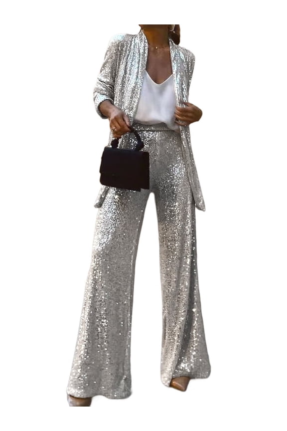 Women'S Sequin Blazer and High-Waist Trousers 2-Piece Set Casual Office Wear Party Suit Silver Set XL
