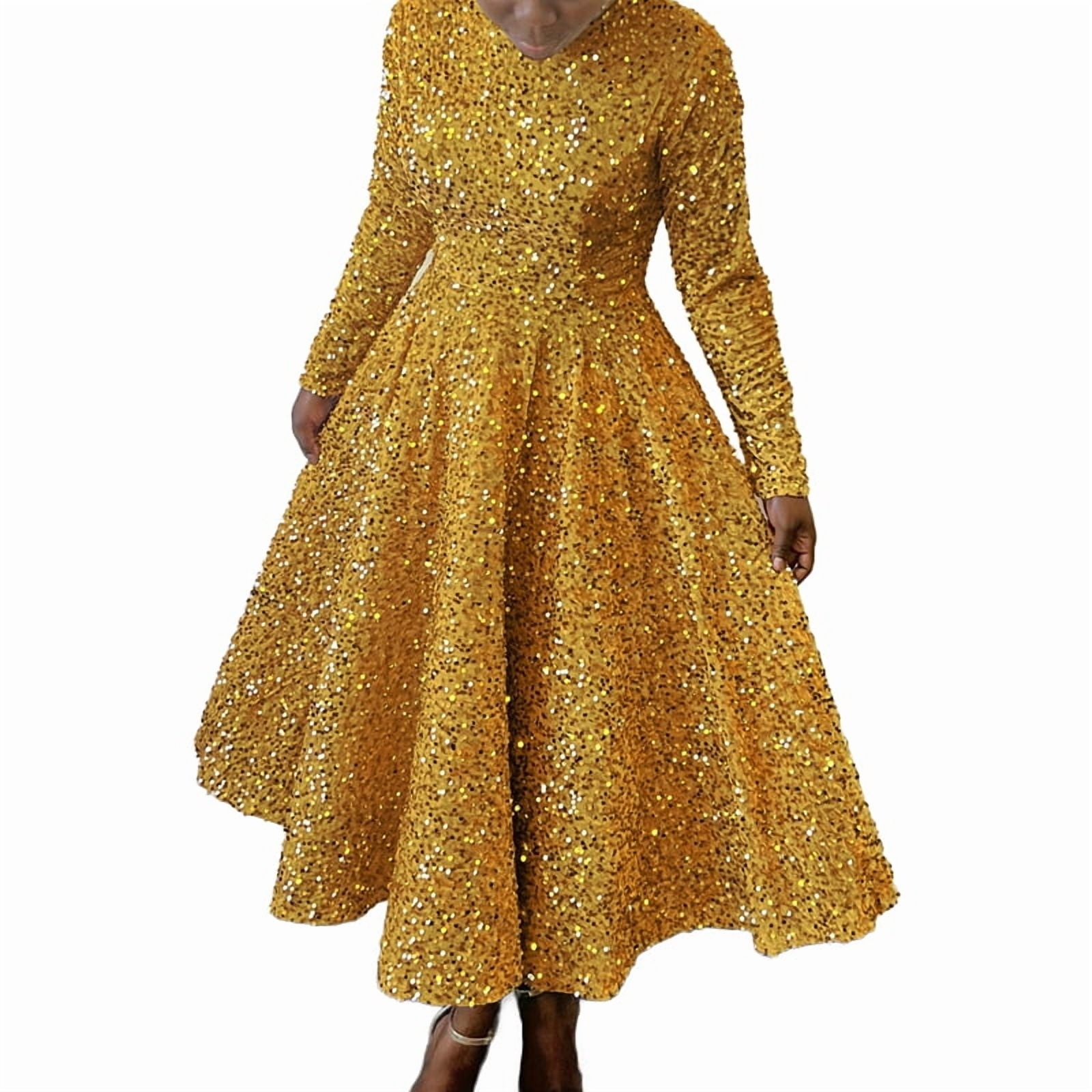Women'S Sequin Dress Plus Size Long Sleeve A-Line Flared Party Cocktail Evening Shiny Maxi Dress Champagne L