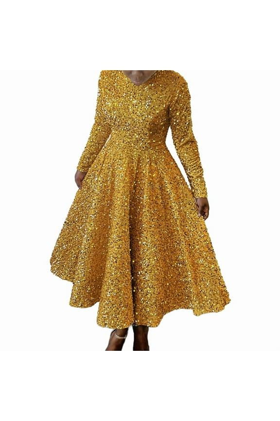 Women'S Sequin Dress Plus Size Long Sleeve A-Line Flared Party Cocktail Evening Shiny Maxi Dress Champagne S