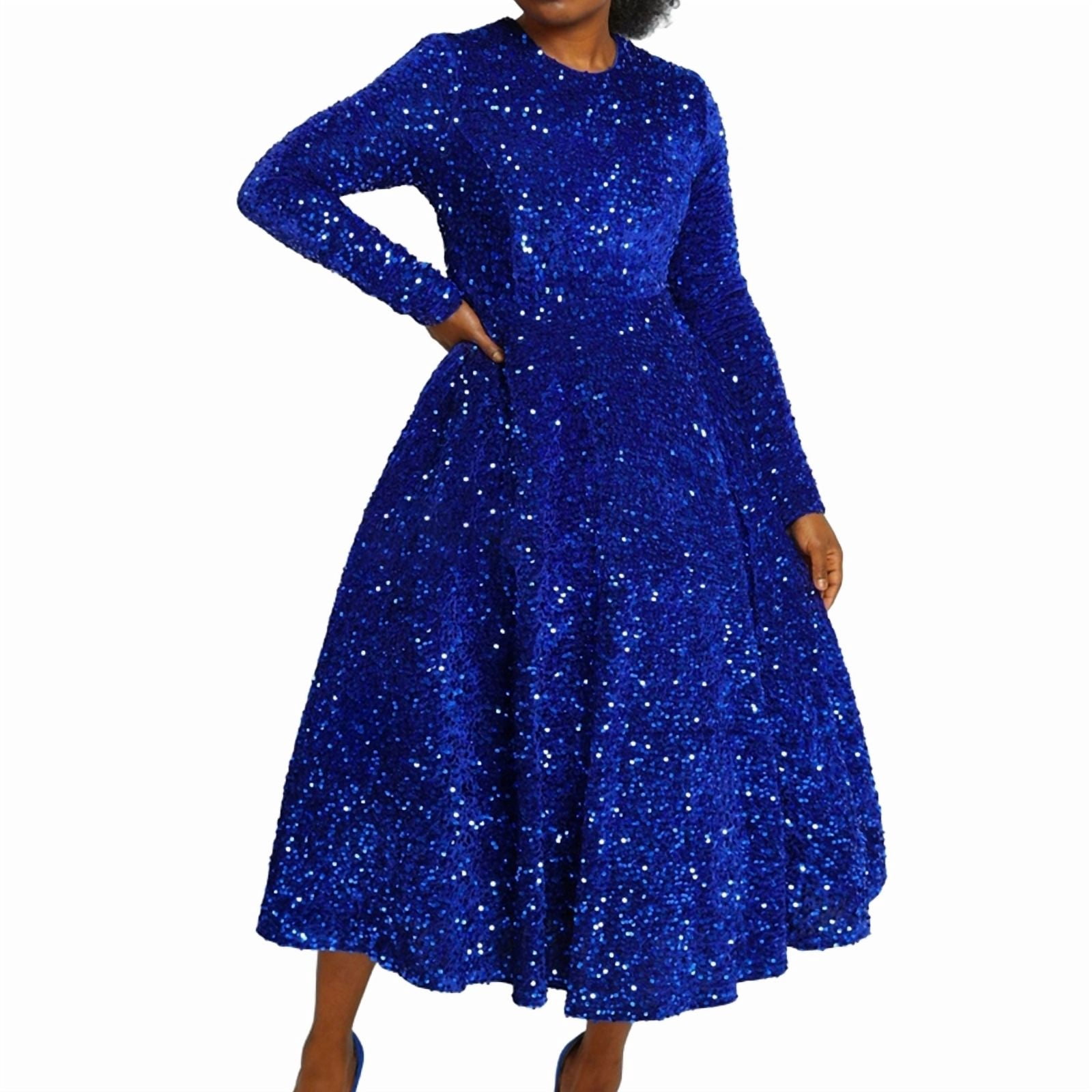 Women'S Sequin Dress Plus Size Long Sleeve A-Line Flared Party Cocktail Evening Shiny Maxi Dress Royal Blue M
