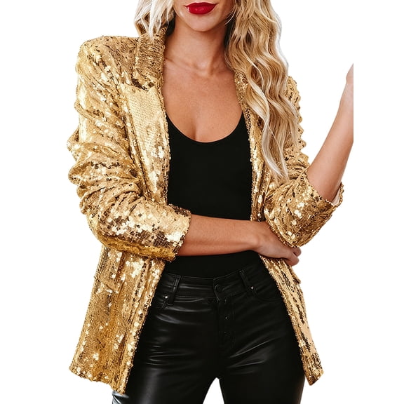 Women'S Sequin Jackets Open Front Blazer Jacket Long Sleeve Sparkly Cardigan Coat with Pocket Gold M