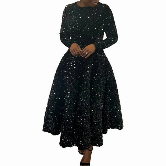 Women'S Sequin Plus Size Long Sleeve A-Line Flared Party Cocktail Sparkle Glitter Evening Shiny Maxi Dress Black S