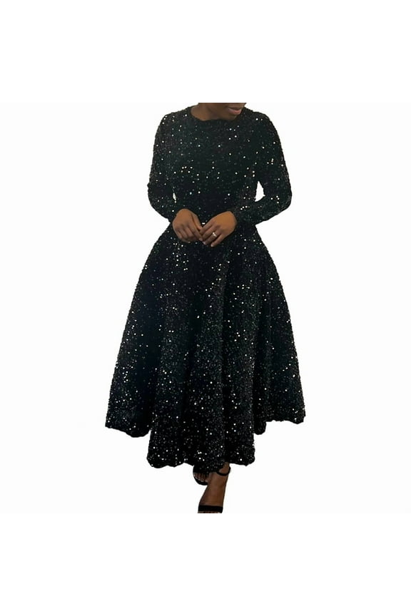 Women'S Sequin Plus Size Long Sleeve A-Line Flared Party Cocktail Sparkle Glitter Evening Shiny Maxi Dress Black S