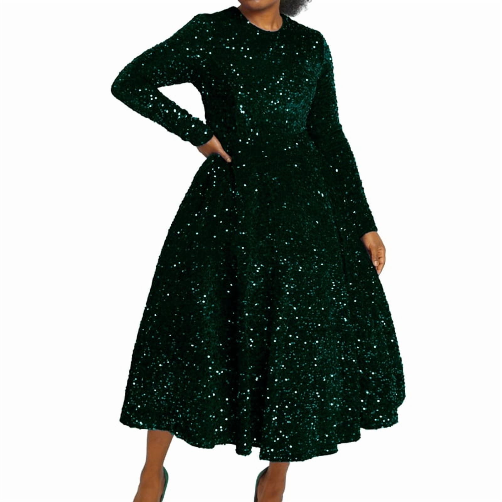 Women'S Sequin Plus Size Long Sleeve A-Line Flared Party Cocktail Sparkle Glitter Evening Shiny Maxi Dress Green XXL