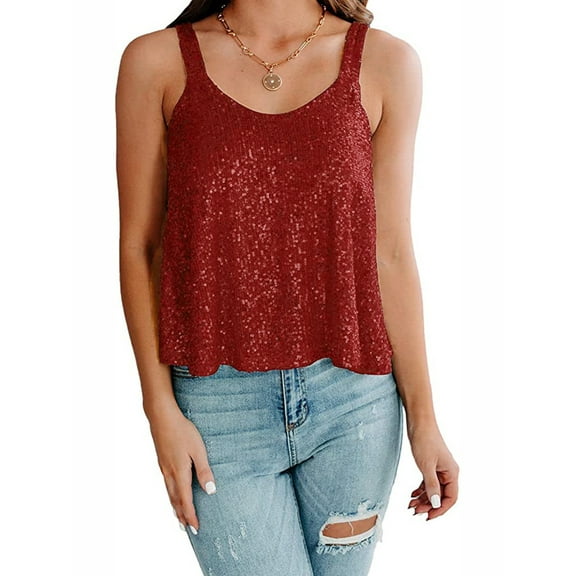 Women'S Sequin Tank Top Sleeveless Camisole Vest Tank Tops Shining Shirts Wine Red XL