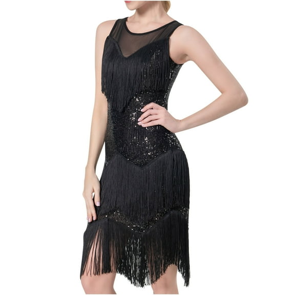 Women's Sequins Fringe Round Neck Sleeveless Solid Color Formal Dress Latin Dance Dresses ,Glitter Party Dress Ballroom Dance Outfits