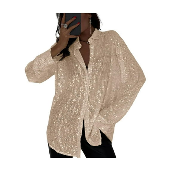 Women'S Sequins Long Sleeve Collared Shirt Button Down Open Front Shirt Loose Blouses Shirst Tops Champagne Color XXL