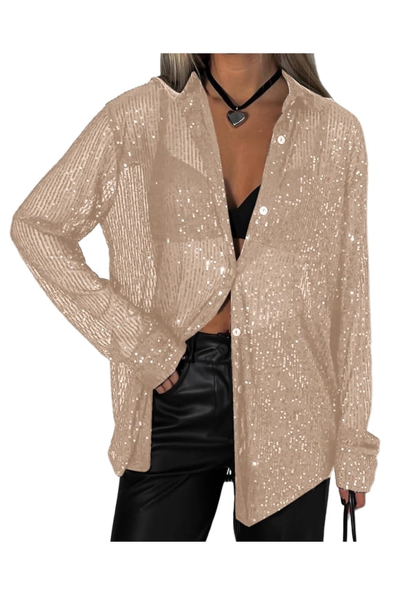 Women'S Sequins Long Sleeve Collared Shirt Button Down Open Front Shirt Loose Blouses Shirst Tops Champagne Color XXXL