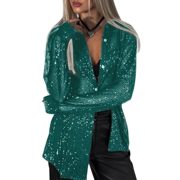 Women'S Sequins Long Sleeve Collared Shirt Button Down Open Front Shirt Loose Blouses Shirst Tops Dark Green S