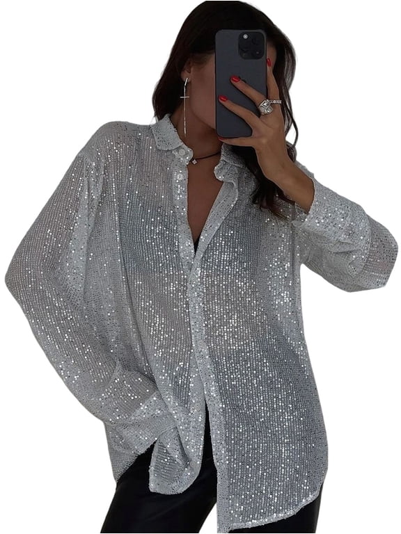 Women'S Sequins Long Sleeve Collared Shirt Button Down Open Front Shirt Loose Blouses Shirst Tops White M