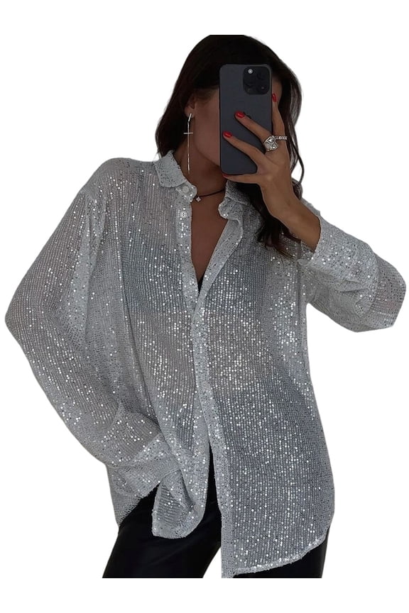 Women'S Sequins Long Sleeve Collared Shirt Button Down Open Front Shirt Loose Blouses Shirst Tops White M