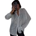 thumbnail image 1 of Women'S Sequins Long Sleeve Collared Shirt Button Down Open Front Shirt Loose Blouses Shirst Tops White XXXL, 1 of 9