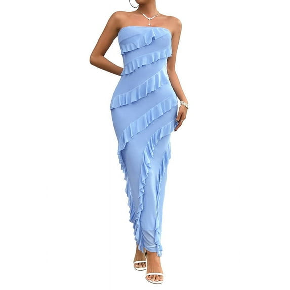 Women'S Sexy- Bodycon Elegant Tube Top Ruffle Maxi Cocktail Party Dresses Blue M
