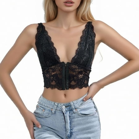 Women'S Sexy Front Button Lace Hot Girl See Through Camisole Small Tank Top,Color:Black