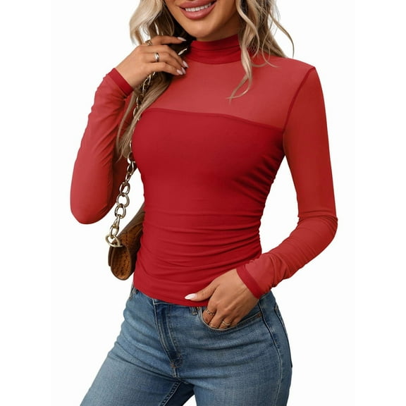 Women'S Sexy- Mock Turtle Neck Long Sleeve Tops Sheer Mesh Ruched Trendy Going Out Shirts Blouse Red M