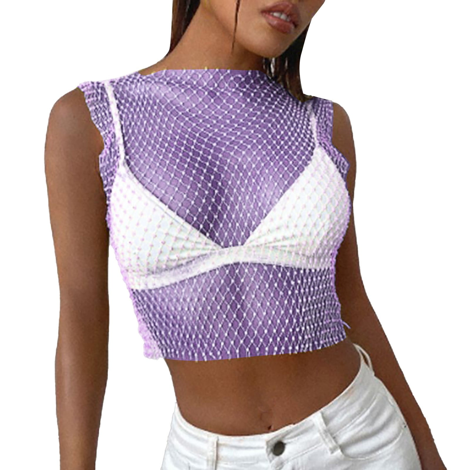 Women'S Sexy Rhinestone Mesh Tank Top See Through Diamond Crop Top Basic Tanks