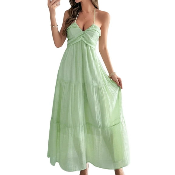 Women'S Shalterneck Maxi Dress Summer Sleeveless Dress Casual Boho Backless Flowy Long Dresses Green L