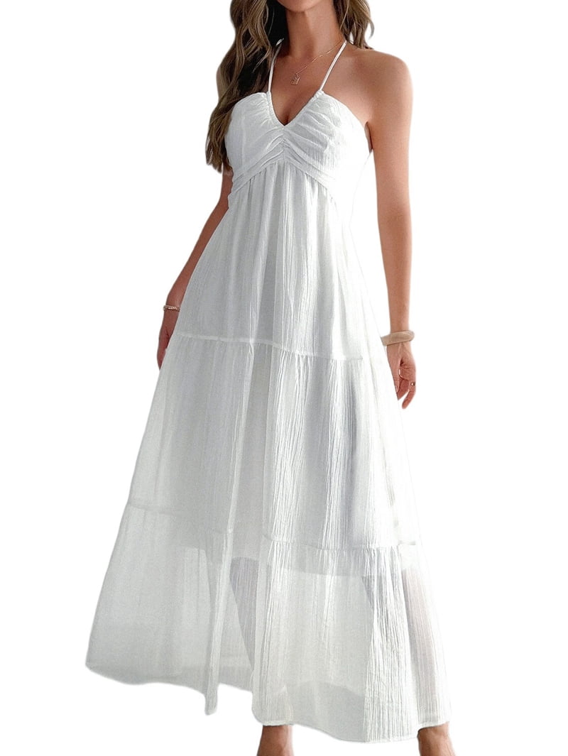 white boho dresses for women Lace Maxi Dress - Embroidery Button Front Short Sleeves High Low Dress calf dress length V neck Empire waistline White boho beach dress Why Youll Love It Flattering empire waist creates a comfortable White Dresses | Mini, Midi