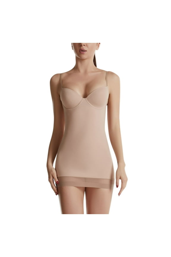 Women'S Shaping S Tulle Hemline Full Slip Stretchy Bodysuit Body with Built In Bra Cami Dress Shapewear